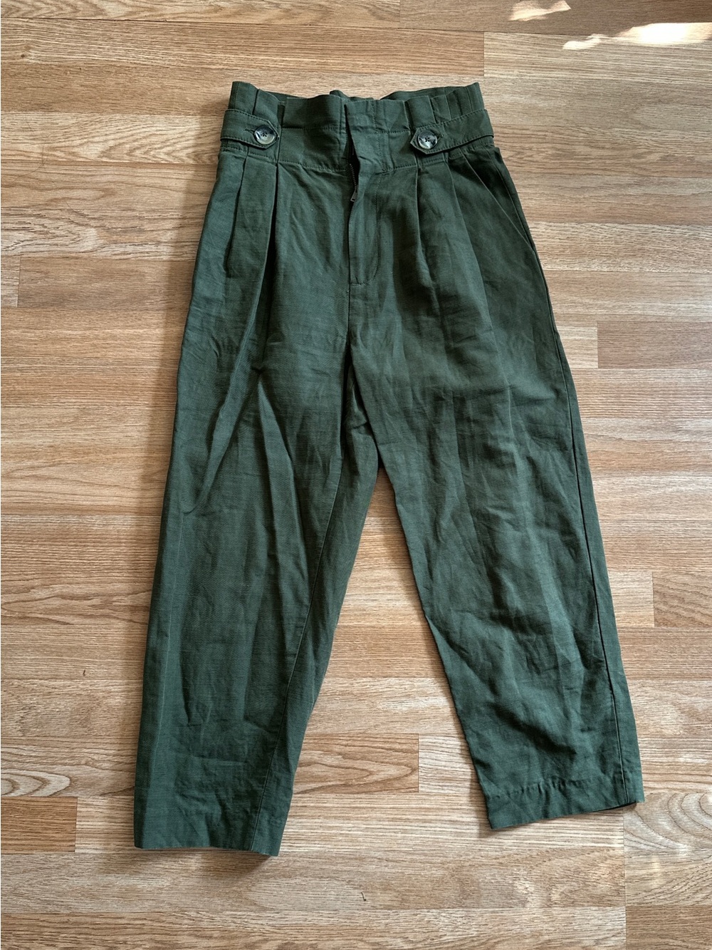 Zara Woman Olive Green High-Waisted Linen Blend Pleated Trousers